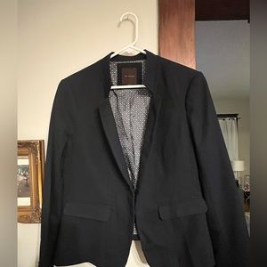 Blue hook closure textured blazer